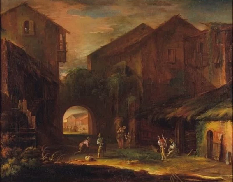 Figure di contadini villani in cortili di case rustiche